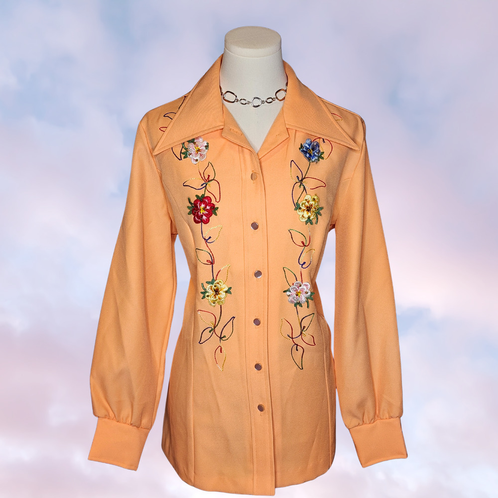 Vtg 60s JCPenney Light Pastel Orange Colorful Embroidered Flowers Funky Top